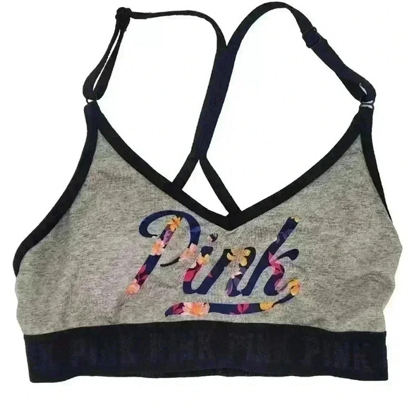 Victoria’s Secret Pink Strappy Sports Bra Lightly Padded Gray Floral Logo - Picture 4 of 7